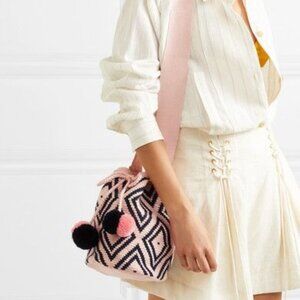 Sophie Anderson Lila Pom Pom Bucket Bag NEW Pink Blue Woven Boho Beachy Travel